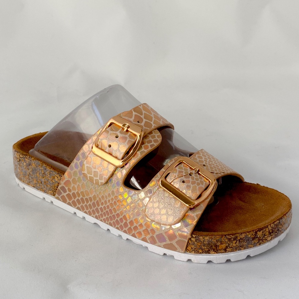 DEFEAT - Rose Gold Animal (Snake) Printed Slides with Gold Accent Buckles